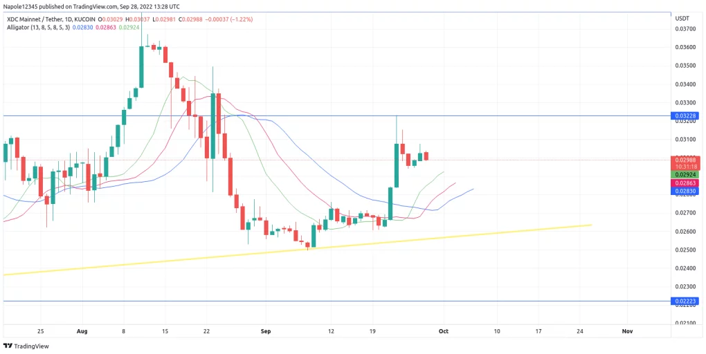 The XDC (XinFin) cryptocurrency logo with a graph depicting price