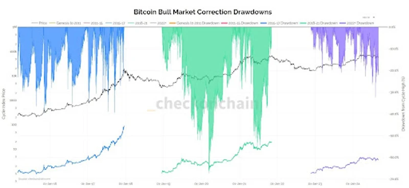 Graf korekčních vzorců bitcoinových býčích trhů napříč více cykly.