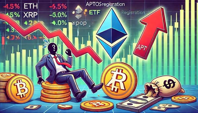 Problémy na trhu s kryptoměnami ETH, XRP klesají o 5 %, APT roste o 10 % na základě zpráv o ETF.